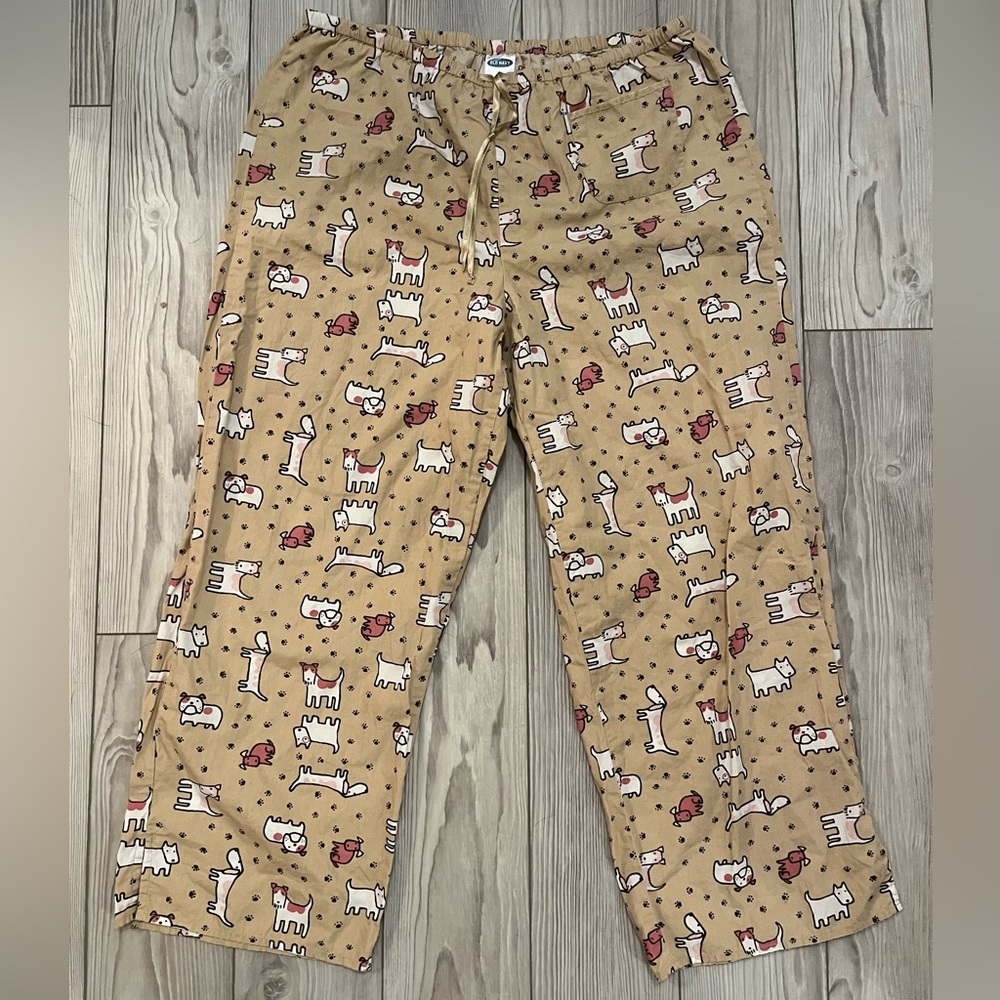 Old Navy Tan Pajama Pants with White & Red Dog Print